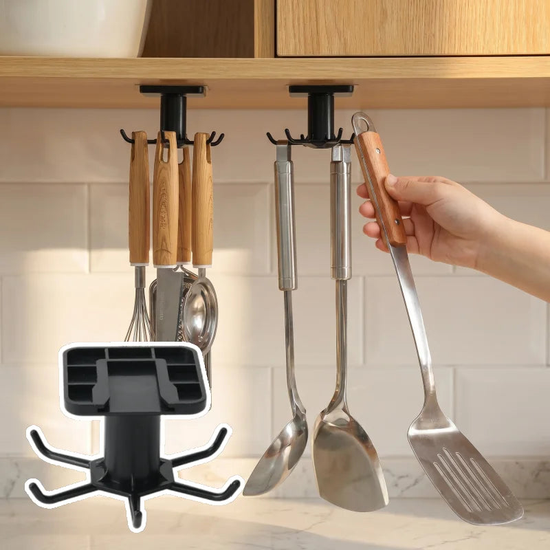 Suporte Organizador Giratório 360° para Cozinha com 6 Ganchos Adesivos