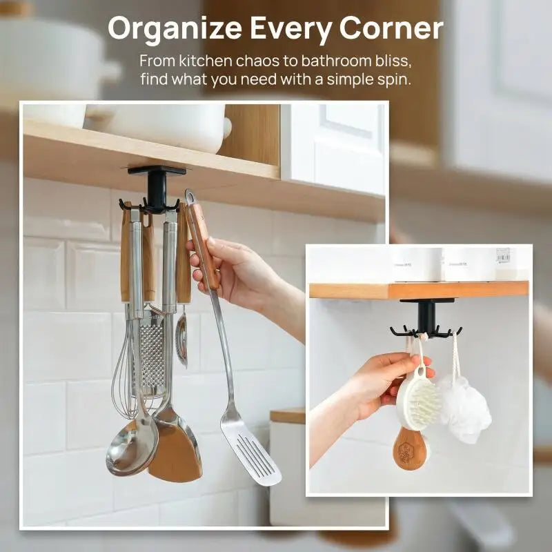 Suporte Organizador Giratório 360° para Cozinha com 6 Ganchos Adesivos
