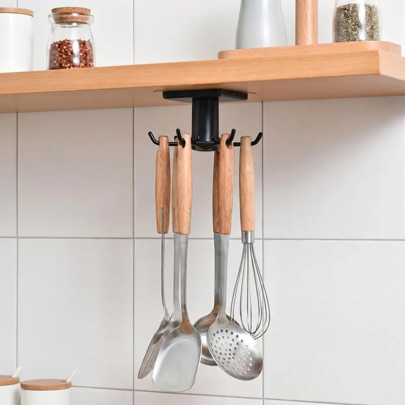 Suporte Organizador Giratório 360° para Cozinha com 6 Ganchos Adesivos